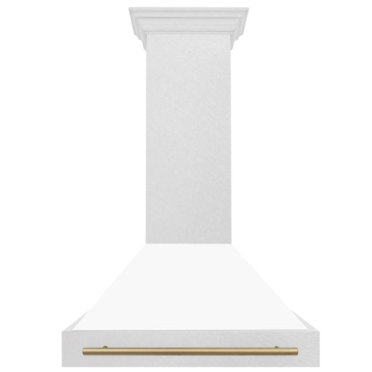 ZLINE 36 in Wall Mount Range Hood Satin Stainless Steel White Matte Shell Champagne Bronze Handle 8654SNZ-WM36-CB