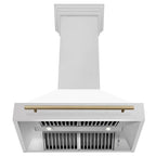 ZLINE 36 in Wall Mount Range Hood Satin Stainless Steel White Matte Shell Champagne Bronze Handle 8654SNZ-WM36-CB