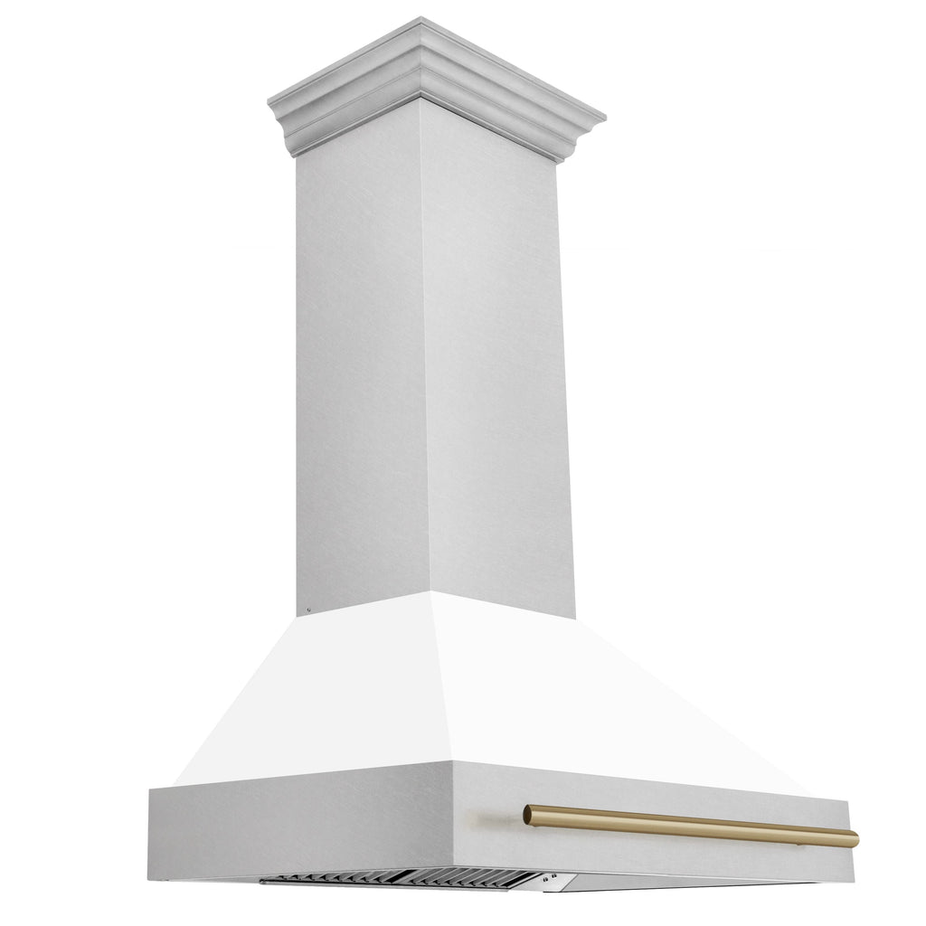 ZLINE 36 in Wall Mount Range Hood Satin Stainless Steel White Matte Shell Champagne Bronze Handle 8654SNZ-WM36-CB