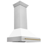 ZLINE 36 in Wall Mount Range Hood Satin Stainless Steel White Matte Shell Champagne Bronze Handle 8654SNZ-WM36-CB