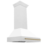 ZLINE 36 in Wall Mount Range Hood Satin Stainless Steel White Matte Shell Champagne Bronze Handle 8654SNZ-WM36-CB