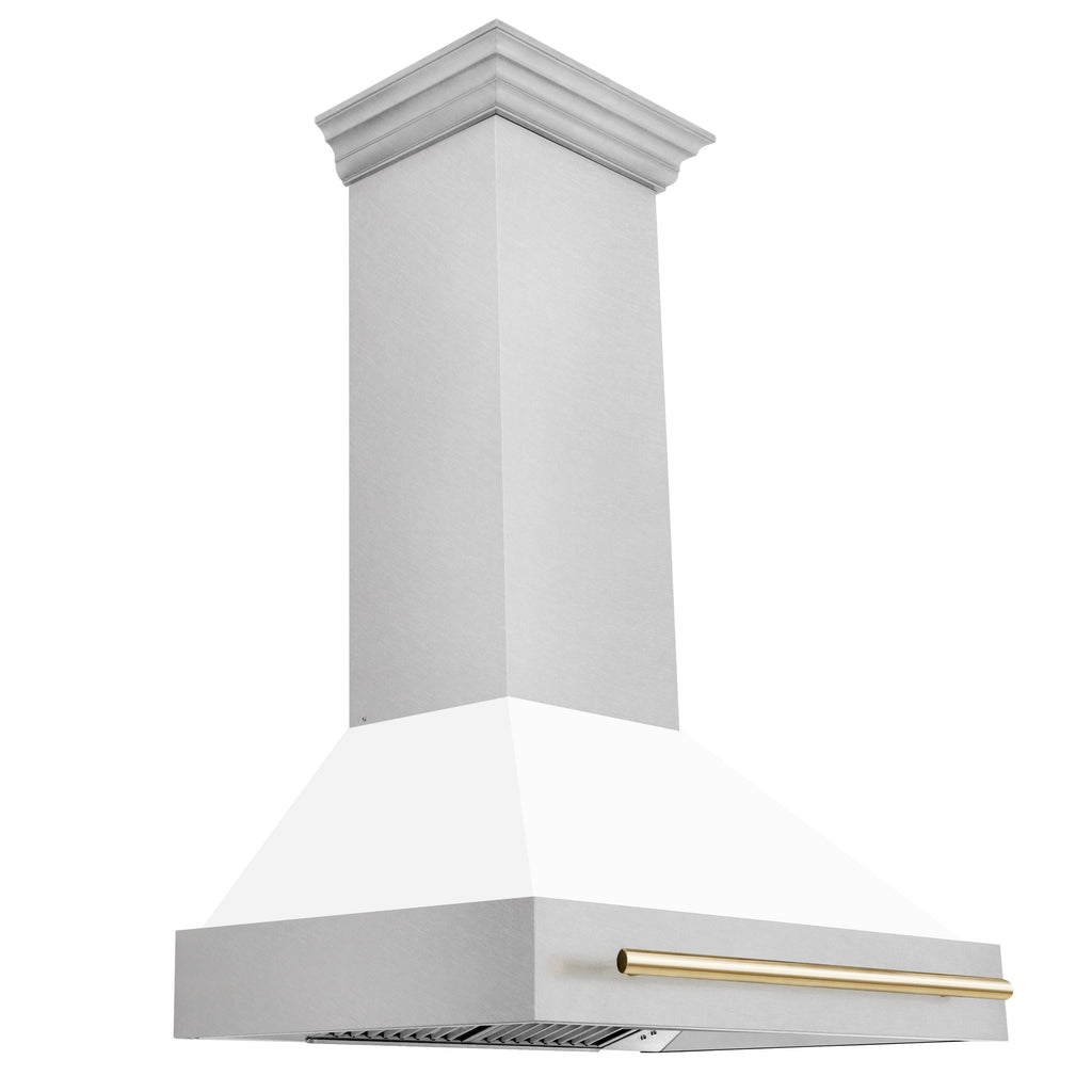 ZLINE 36 in. Wall Mount Range Hood Satin Stainless Steel White Matte Shell 700 CFM Polished Gold Handle (8654SNZ-WM36-G)