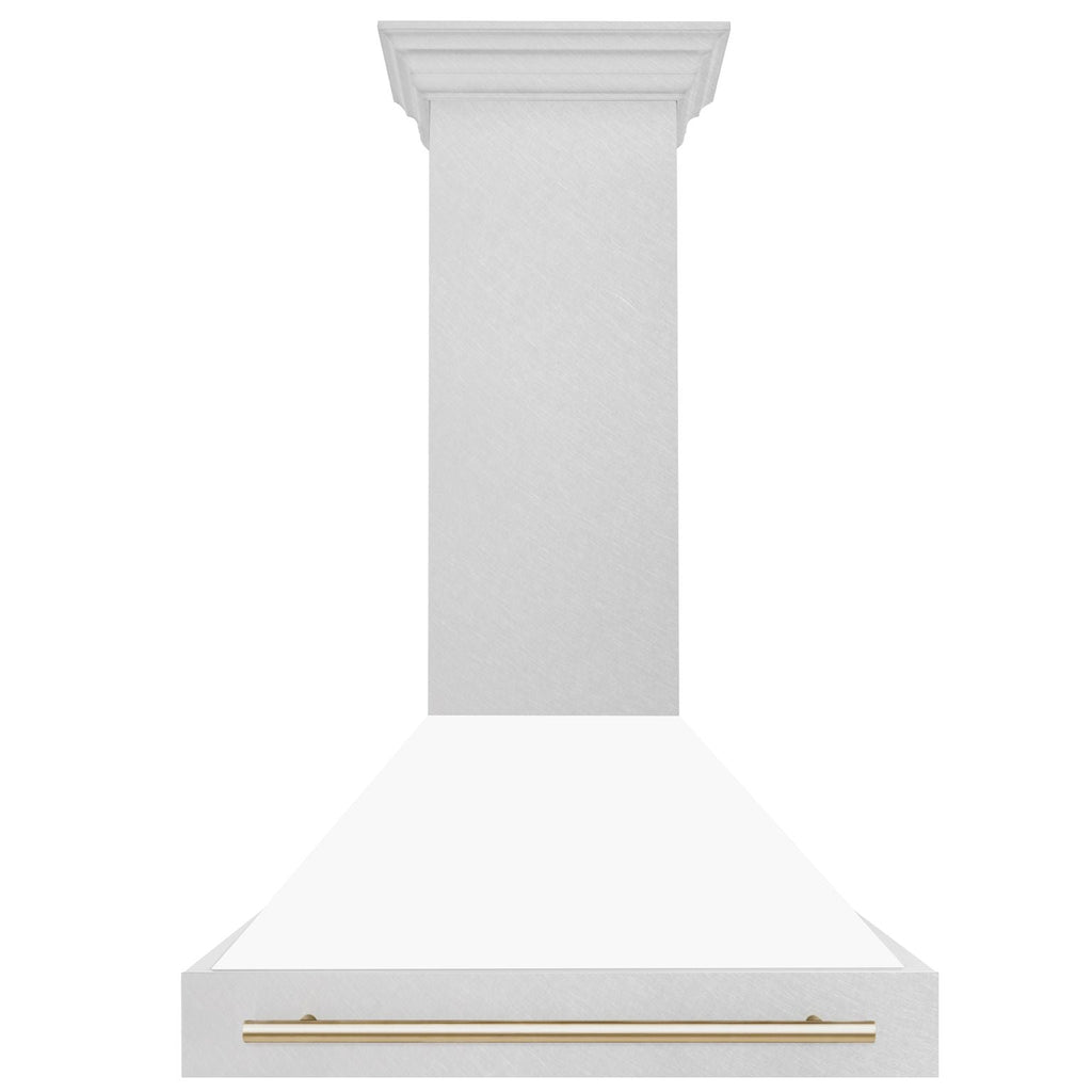 ZLINE 36 in. Wall Mount Range Hood Satin Stainless Steel White Matte Shell 700 CFM Polished Gold Handle (8654SNZ-WM36-G)