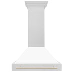 ZLINE 36 in. Wall Mount Range Hood Satin Stainless Steel White Matte Shell 700 CFM Polished Gold Handle (8654SNZ-WM36-G)