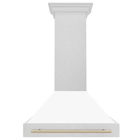 ZLINE 36 in. Wall Mount Range Hood Satin Stainless Steel White Matte Shell 700 CFM Polished Gold Handle (8654SNZ-WM36-G)