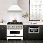 ZLINE 36 in. Wall Mount Range Hood Satin Stainless Steel White Matte Shell 700 CFM Polished Gold Handle (8654SNZ-WM36-G)