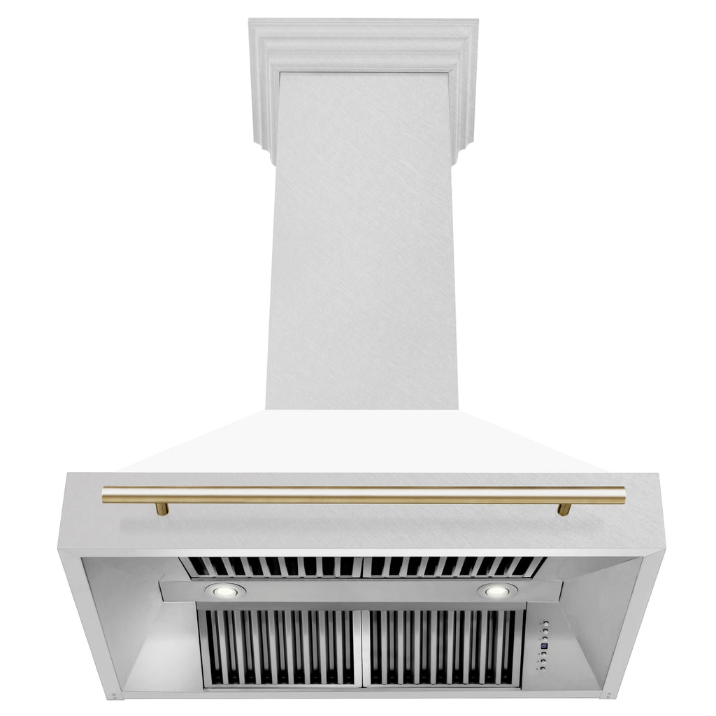 ZLINE 36 in. Wall Mount Range Hood Satin Stainless Steel White Matte Shell 700 CFM Polished Gold Handle (8654SNZ-WM36-G)