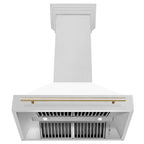 ZLINE 36 in. Wall Mount Range Hood Satin Stainless Steel White Matte Shell 700 CFM Polished Gold Handle (8654SNZ-WM36-G)