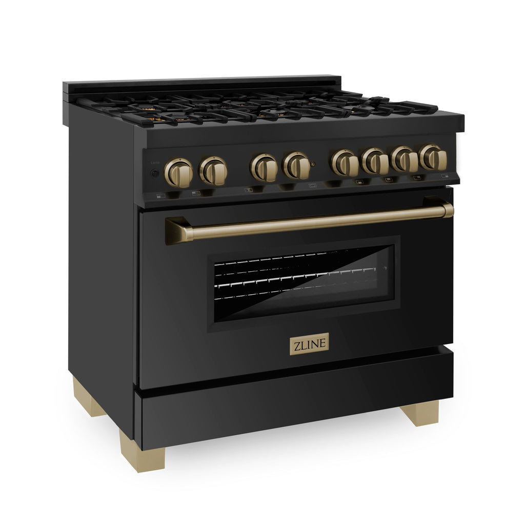 ZLINE Autograph Package - 36" Dual Fuel Range, Range Hood, Refrigerator, Microwave and Dishwasher in Black Stainless Steel with Bronze Accents