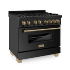 ZLINE Autograph Package - 36" Dual Fuel Range, Range Hood, Refrigerator, Microwave and Dishwasher in Black Stainless Steel with Bronze Accents