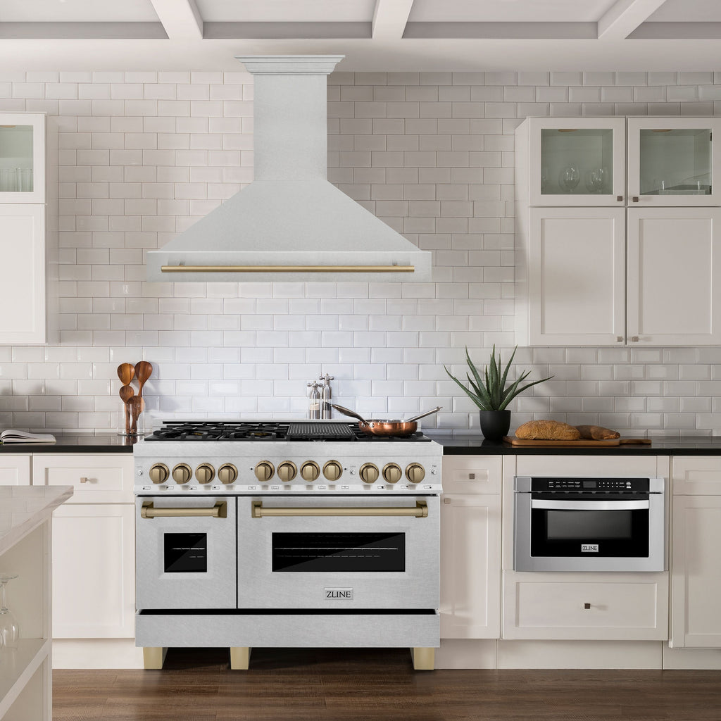 ZLINE 48 in Wall Mount Range Hood Satin Stainless Steel Champagne Bronze Handle 8654SNZ-48-CB