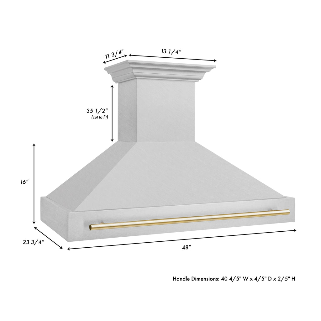 ZLINE 48 Inch Wall Mount Range Hood Satin Stainless Steel Polished Gold Handle Autograph Edition (8654SNZ-48-G)