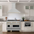 ZLINE 48 Inch Wall Mount Range Hood Satin Stainless Steel Polished Gold Handle Autograph Edition (8654SNZ-48-G)