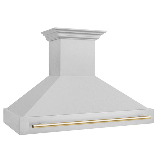 ZLINE 48 Inch Wall Mount Range Hood Satin Stainless Steel Polished Gold Handle Autograph Edition (8654SNZ-48-G)