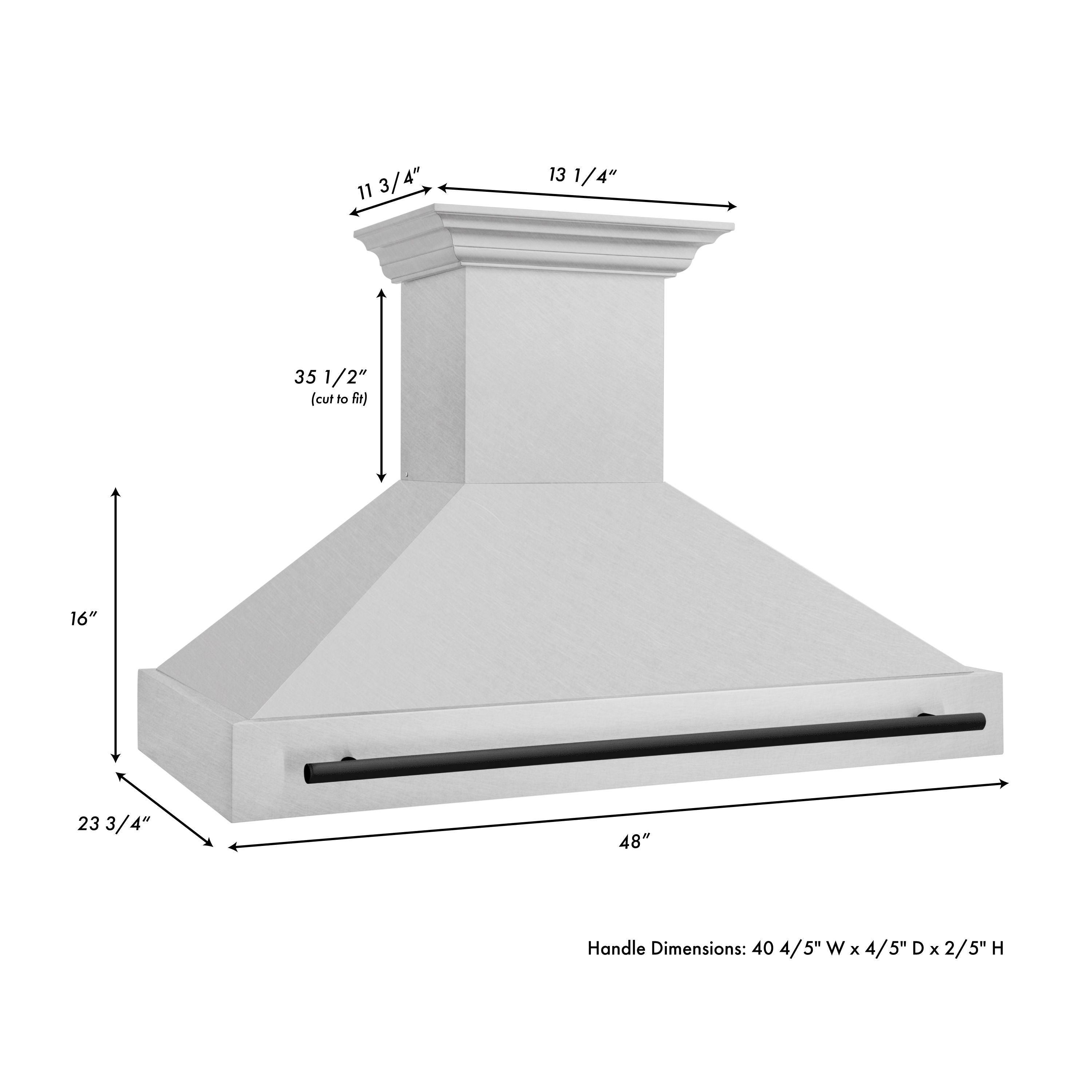 ZLINE 48 in. Wall Mount Range Hood Satin Stainless Steel 700 CFM Matte Black Handle (8654SNZ-48-MB)