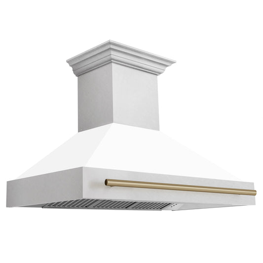 ZLINE 48 in. Wall Mount Range Hood Satin Stainless Steel White Matte Shell Champagne Bronze Handle (8654SNZ-WM48-CB)