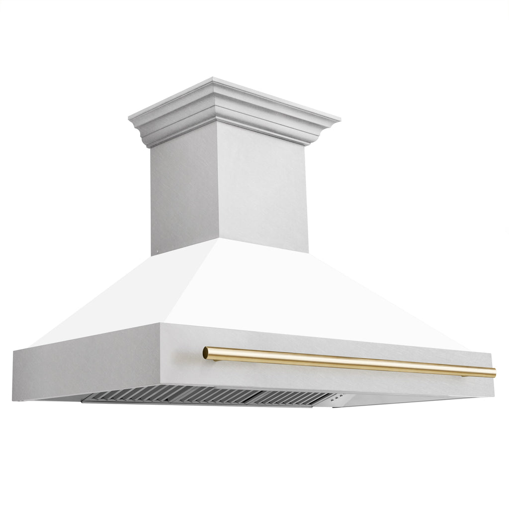 ZLINE 48 in. Wall Mount Range Hood Satin Stainless Steel White Matte Shell Polished Gold Handle (8654SNZ-WM48-G)