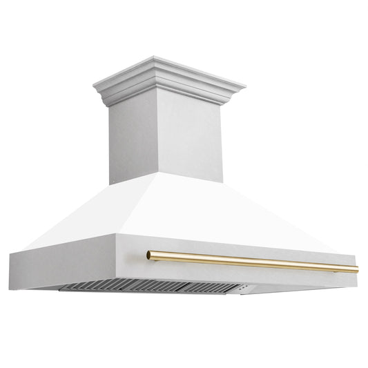 ZLINE 48 in. Wall Mount Range Hood Satin Stainless Steel White Matte Shell Polished Gold Handle (8654SNZ-WM48-G)