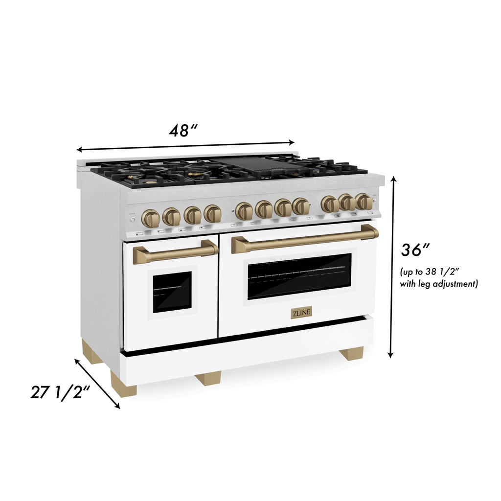 ZLINE Autograph Edition 48 in. 6.0 cu. ft. Legacy Dual Fuel Range with 7 Burner Gas Cooktop and Double Electric Ovens in Satin Stainless Steel with White Matte Doors and Champagne Bronze Accents (RASZ-WM-48-CB)