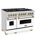 ZLINE Autograph Edition 48 in. 6.0 cu. ft. Legacy Dual Fuel Range with 7 Burner Gas Cooktop and Double Electric Ovens in Satin Stainless Steel with White Matte Doors and Champagne Bronze Accents (RASZ-WM-48-CB)