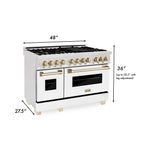 ZLINE Autograph Package - 48" Dual Fuel Range, Range Hood, and Dishwasher in White Matte and Satin Stainless Steel with Gold Accents, 3AKPR-RASWMRHDWM48-G