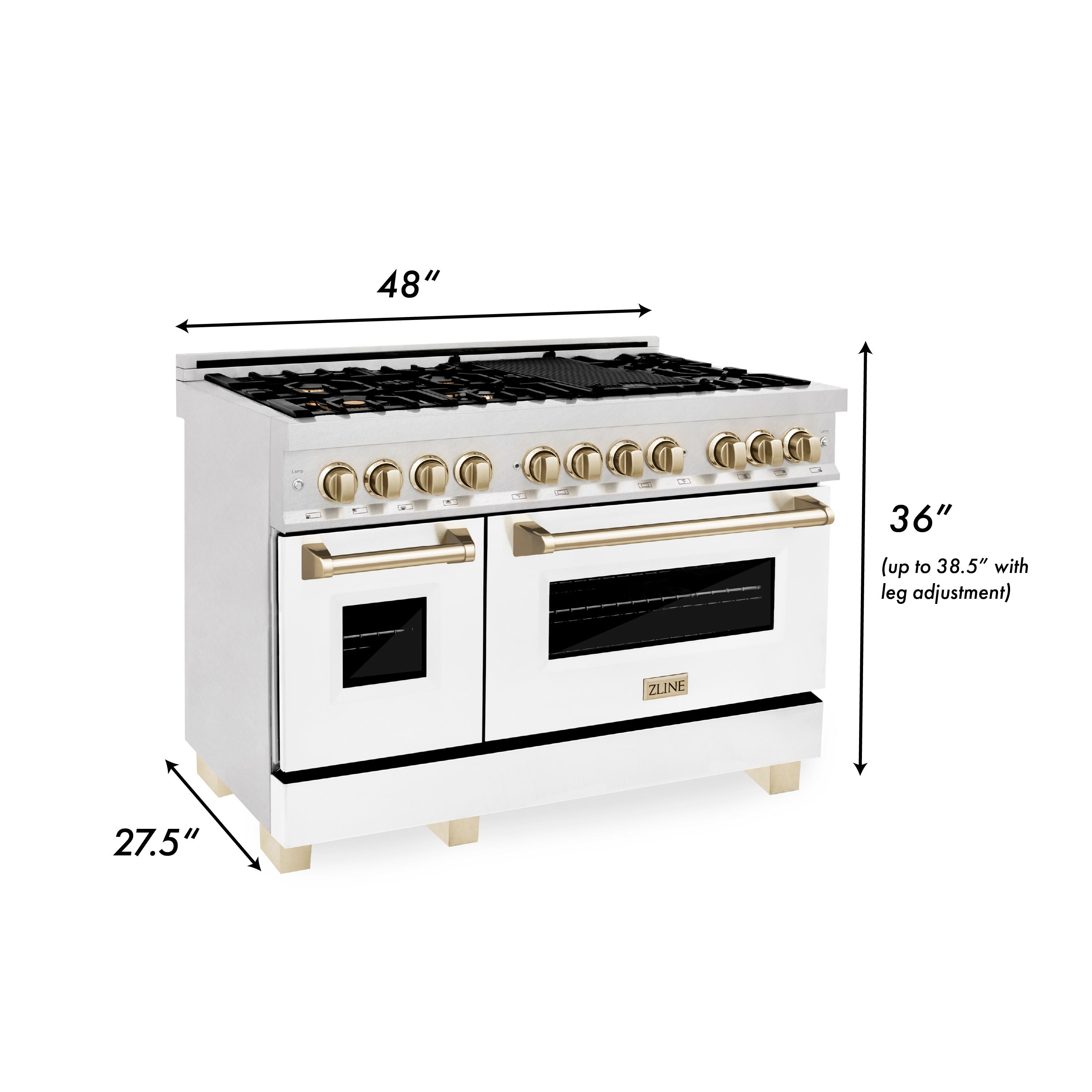 ZLINE Autograph Package - 48" Dual Fuel Range, Range Hood, and Dishwasher in White Matte and Satin Stainless Steel with Gold Accents, 3AKPR-RASWMRHDWM48-G