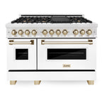 ZLINE Autograph Package - 48" Dual Fuel Range, Range Hood, and Dishwasher in White Matte and Satin Stainless Steel with Gold Accents, 3AKPR-RASWMRHDWM48-G