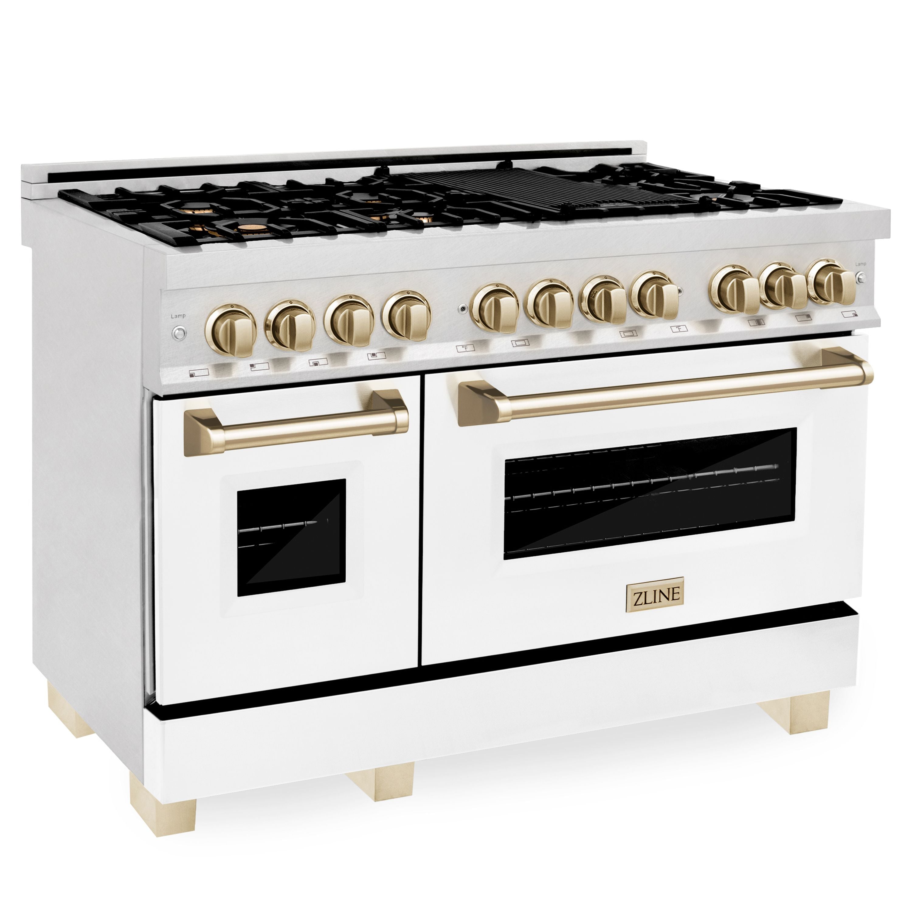 ZLINE Autograph Package - 48" Dual Fuel Range, Range Hood, and Dishwasher in White Matte and Satin Stainless Steel with Gold Accents, 3AKPR-RASWMRHDWM48-G