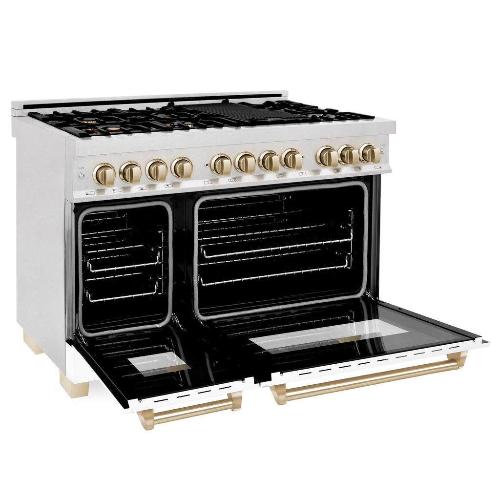 ZLINE Autograph Package - 48" Dual Fuel Range, Range Hood in Satin Stainless Steel, White Matte Finish, Gold Accents