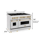 ZLINE Autograph Edition 48 in. 6.0 cu. ft. Legacy Dual Fuel Range with 7 Burner Gas Cooktop and Double Electric Ovens in Satin Stainless Steel with Polished Gold Accents (RASZ-SN-48-G)