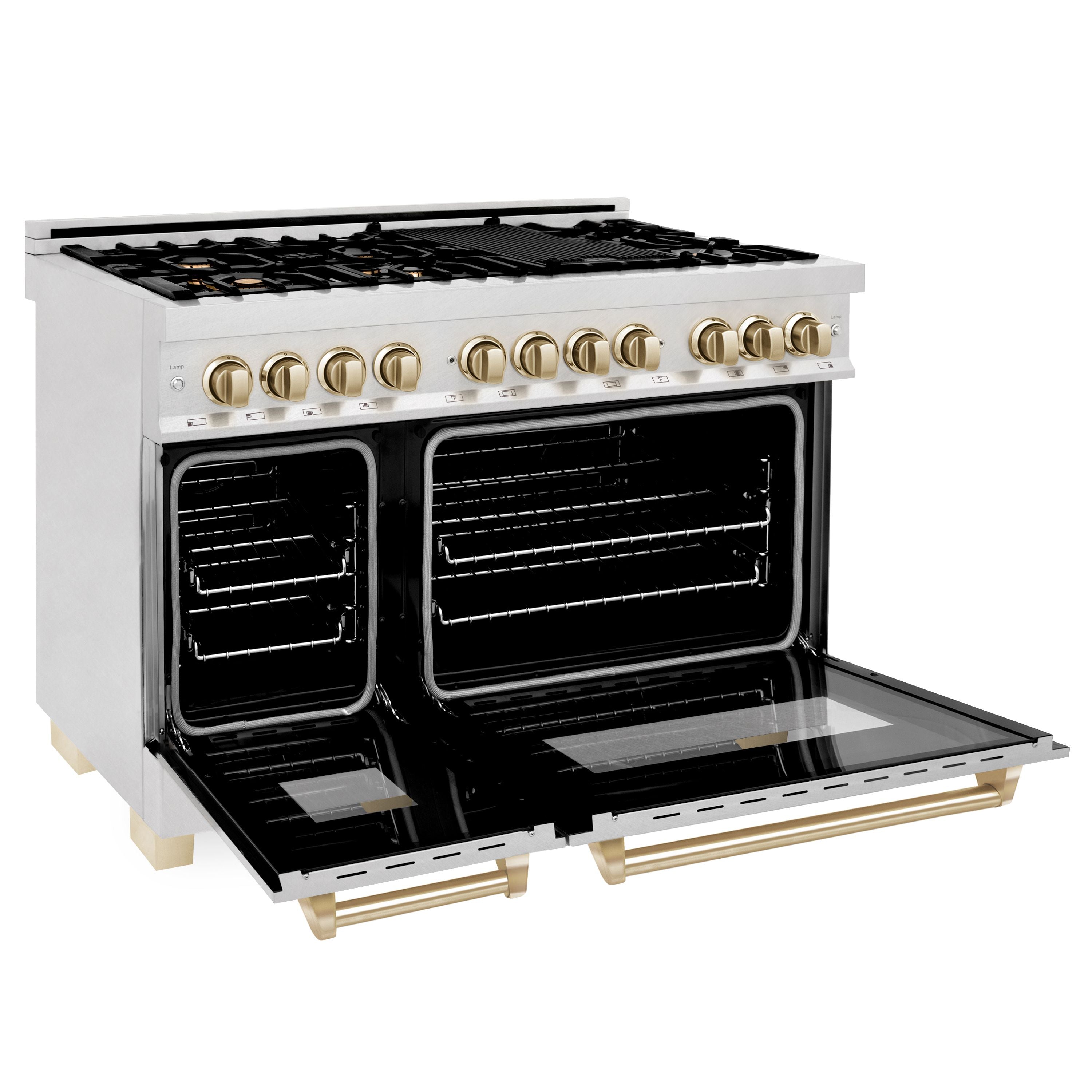 ZLINE Autograph Edition 48 in. 6.0 cu. ft. Legacy Dual Fuel Range with 7 Burner Gas Cooktop and Double Electric Ovens in Satin Stainless Steel with Polished Gold Accents (RASZ-SN-48-G)