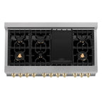ZLINE Autograph Edition 48 in. 6.0 cu. ft. Legacy Dual Fuel Range with 7 Burner Gas Cooktop and Double Electric Ovens in Satin Stainless Steel with Polished Gold Accents (RASZ-SN-48-G)