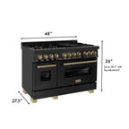 ZLINE Autograph Package - 48" Dual Fuel Range, Range Hood, Refrigerator, Dishwasher in Black Stainless, Bronze Accents