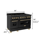 ZLINE Autograph Package - 48" Dual Fuel Range, Range Hood, Refrigerator with Water and Ice Dispenser, Microwave and Dishwasher in Black Stainless Steel with Bronze Accents