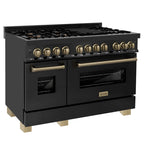 ZLINE Autograph Package - 48" Dual Fuel Range, Range Hood, Refrigerator, Microwave and Dishwasher in Black Stainless Steel with Bronze Accents