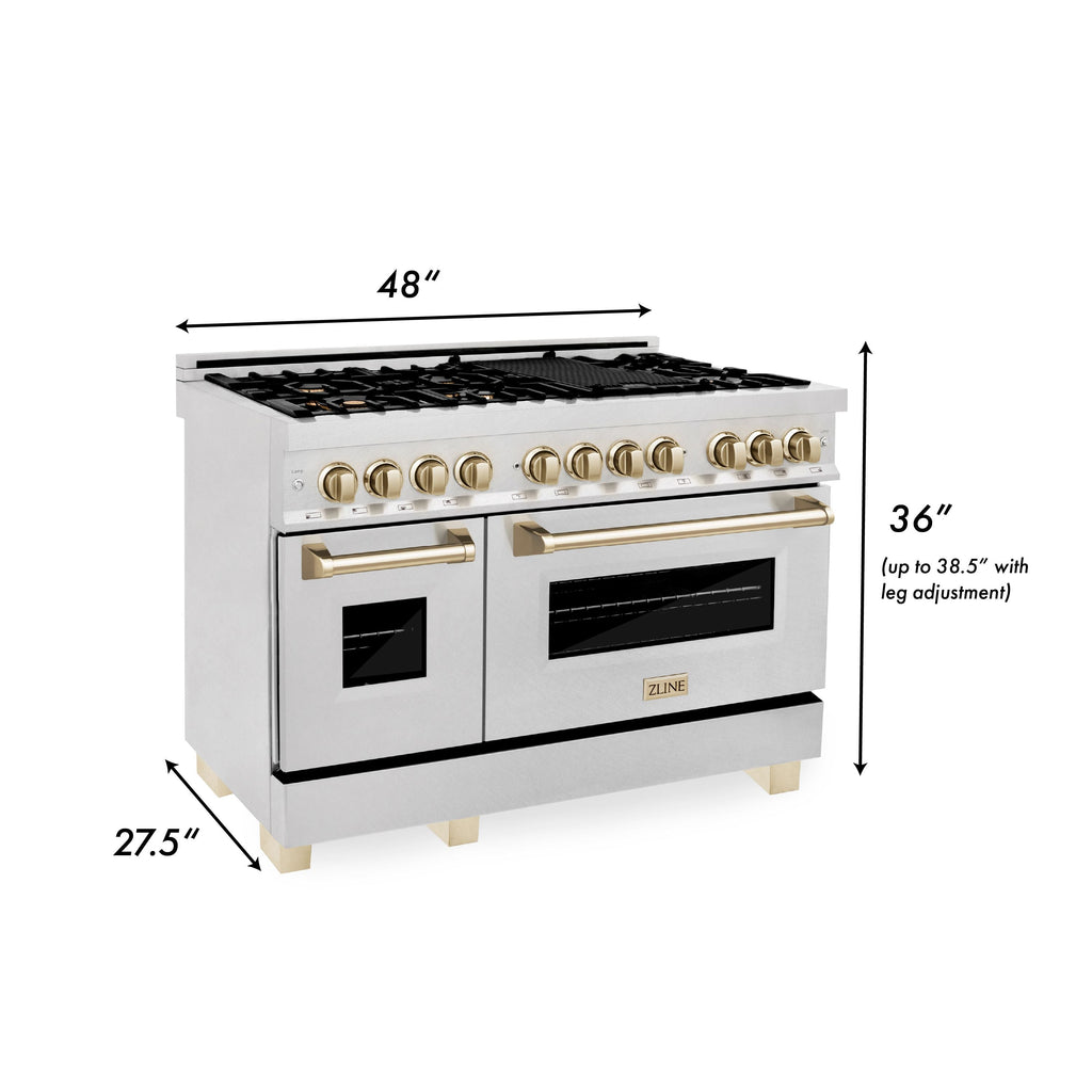 ZLINE Autograph Package - 48 In. Dual Fuel Range and Range Hood in Satin Stainless Steel with Gold Accents, 2AKPR-RASRH48-G