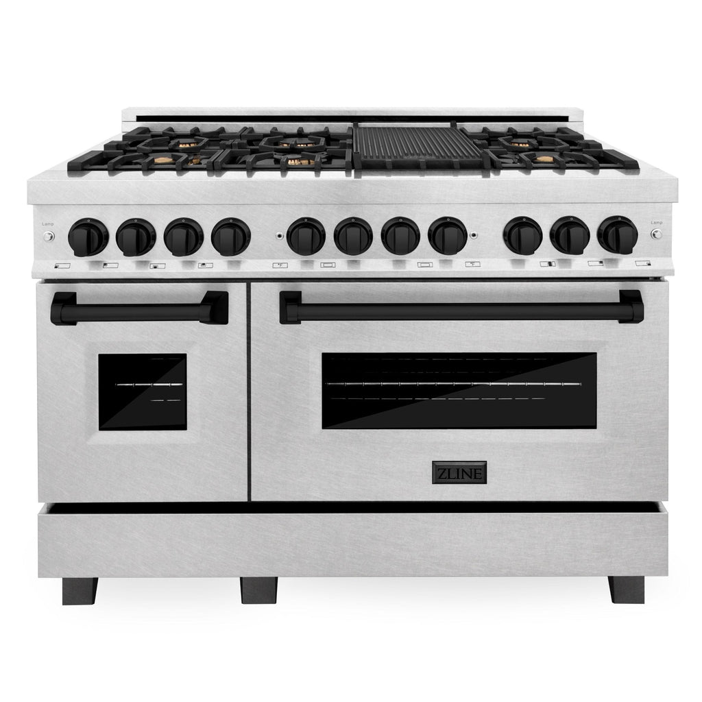 ZLINE Autograph Package - 48 In. Dual Fuel Range and Range Hood in Satin Stainless Steel with Matte Black Accents, 2AKPR-RASRH48-MB