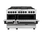 ZLINE Autograph Package - 48 In. Dual Fuel Range and Range Hood in Satin Stainless Steel with Matte Black Accents, 2AKPR-RASRH48-MB
