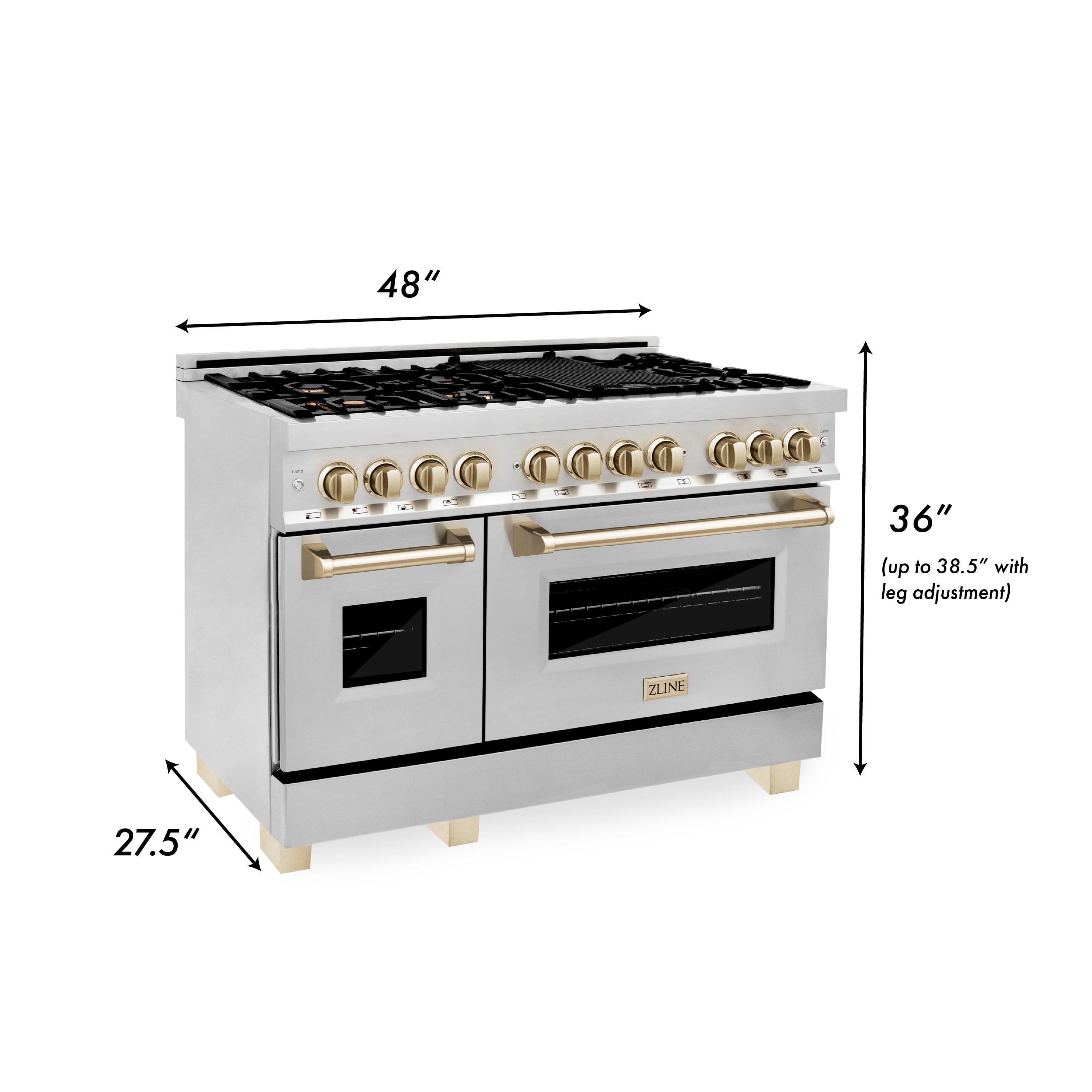 ZLINE Autograph Package - 48" Dual Fuel Range, Range Hood, Refrigerator, Microwave and Dishwasher in Stainless Steel with Gold Accents