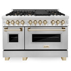 ZLINE Autograph Package - 48" Dual Fuel Range, Range Hood, Refrigerator with Water and Ice Dispenser, Microwave and Dishwasher in Stainless Steel with Gold Accents