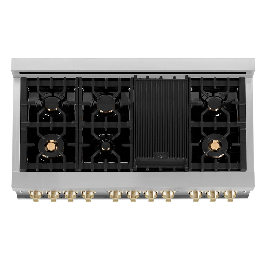 ZLINE Autograph Package - 48" Dual Fuel Range, Range Hood, Refrigerator, Microwave and Dishwasher in Stainless Steel with Gold Accents