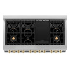 ZLINE Autograph Package - 48" Dual Fuel Range, Range Hood, Refrigerator, Microwave and Dishwasher in Stainless Steel with Gold Accents