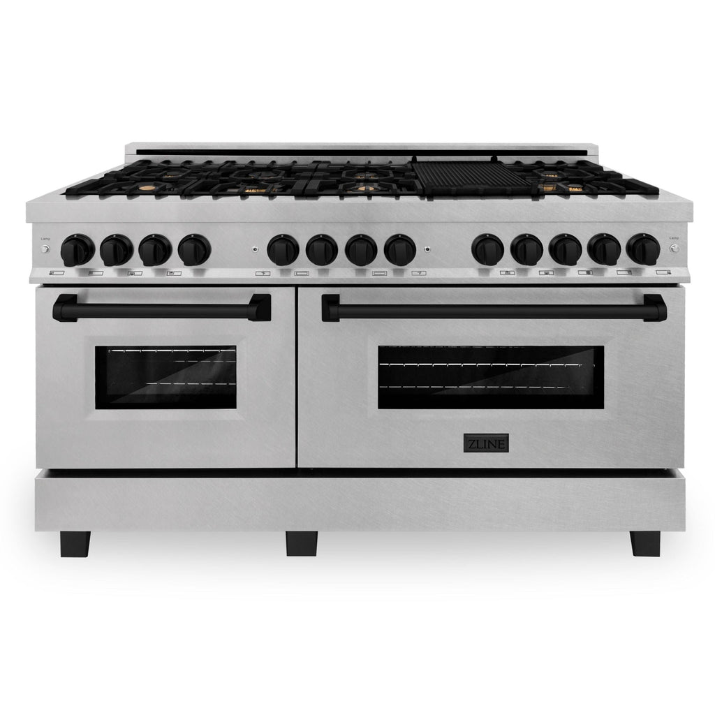 ZLINE Autograph Edition 60 in. 7.4 cu. ft. Legacy Dual Fuel Range with 9 Gas Burners and Double Electric Convection Ovens in Satin Stainless Steel with Matte Black Accents (RASZ-SN-60-MB)