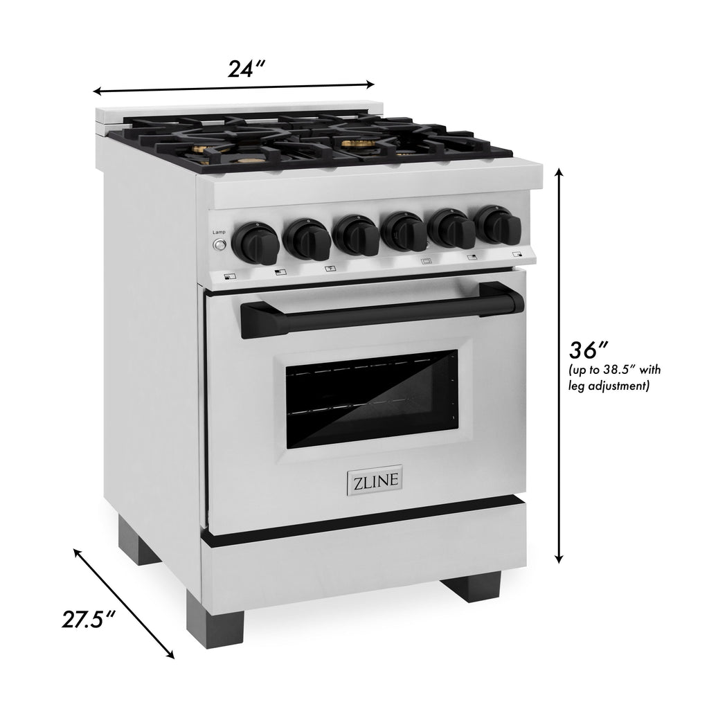 ZLINE Autograph 24" Dual Fuel Range, 2.8 cu. ft., Stainless Steel with Black Matte Accents (RAZ-24-MB)