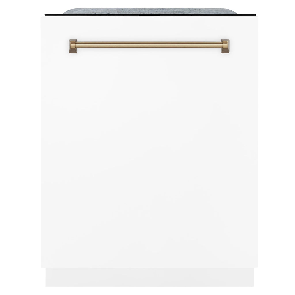 ZLINE Autograph Package - 48 In. Dual Fuel Range, Range Hood, Dishwasher in White Matte with Champagne Bronze Accents, 3AKP-RAWMRHDWM48-CB