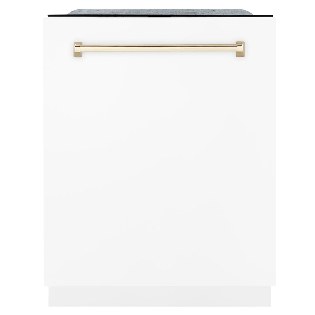 ZLINE Autograph Package - 48" Dual Fuel Range, Range Hood, and Dishwasher in White Matte and Satin Stainless Steel with Gold Accents, 3AKPR-RASWMRHDWM48-G