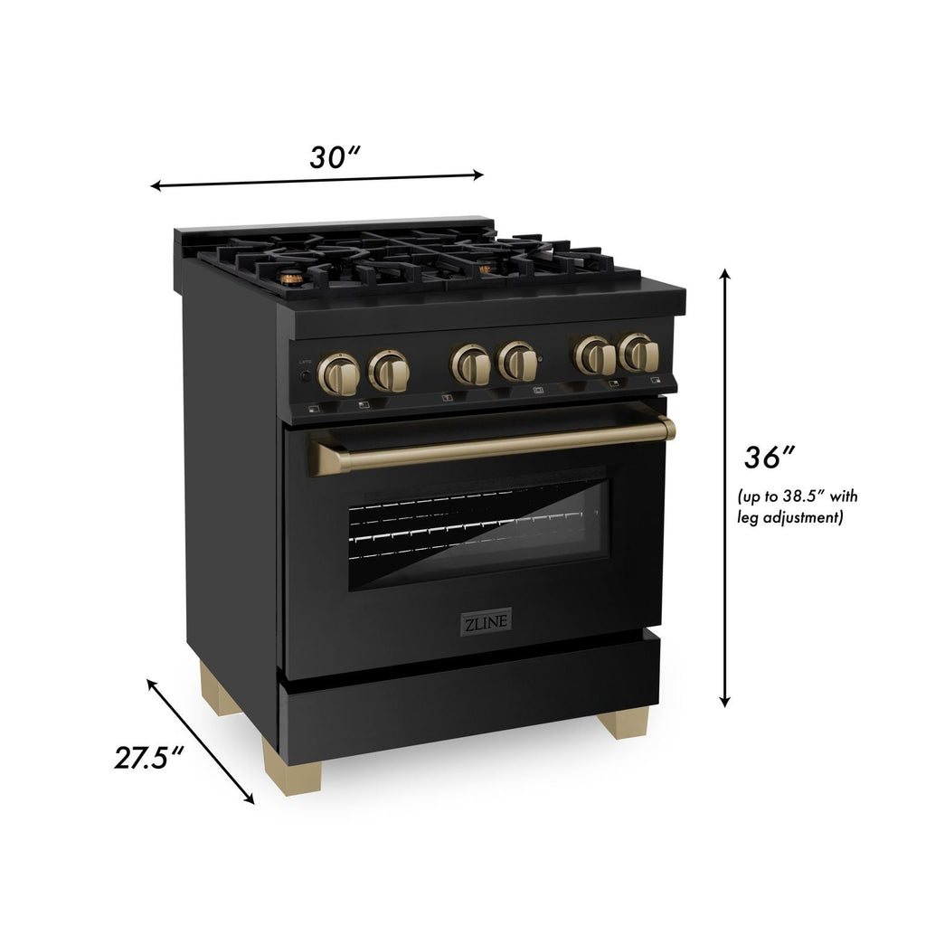 ZLINE Autograph Edition 30 in. 4.0 cu. ft. Dual Fuel Range with 4-Burner Gas Cooktop and Electric Convection Oven in Stainless Steel with Champagne Bronze Accents (RABZ-30-CB)