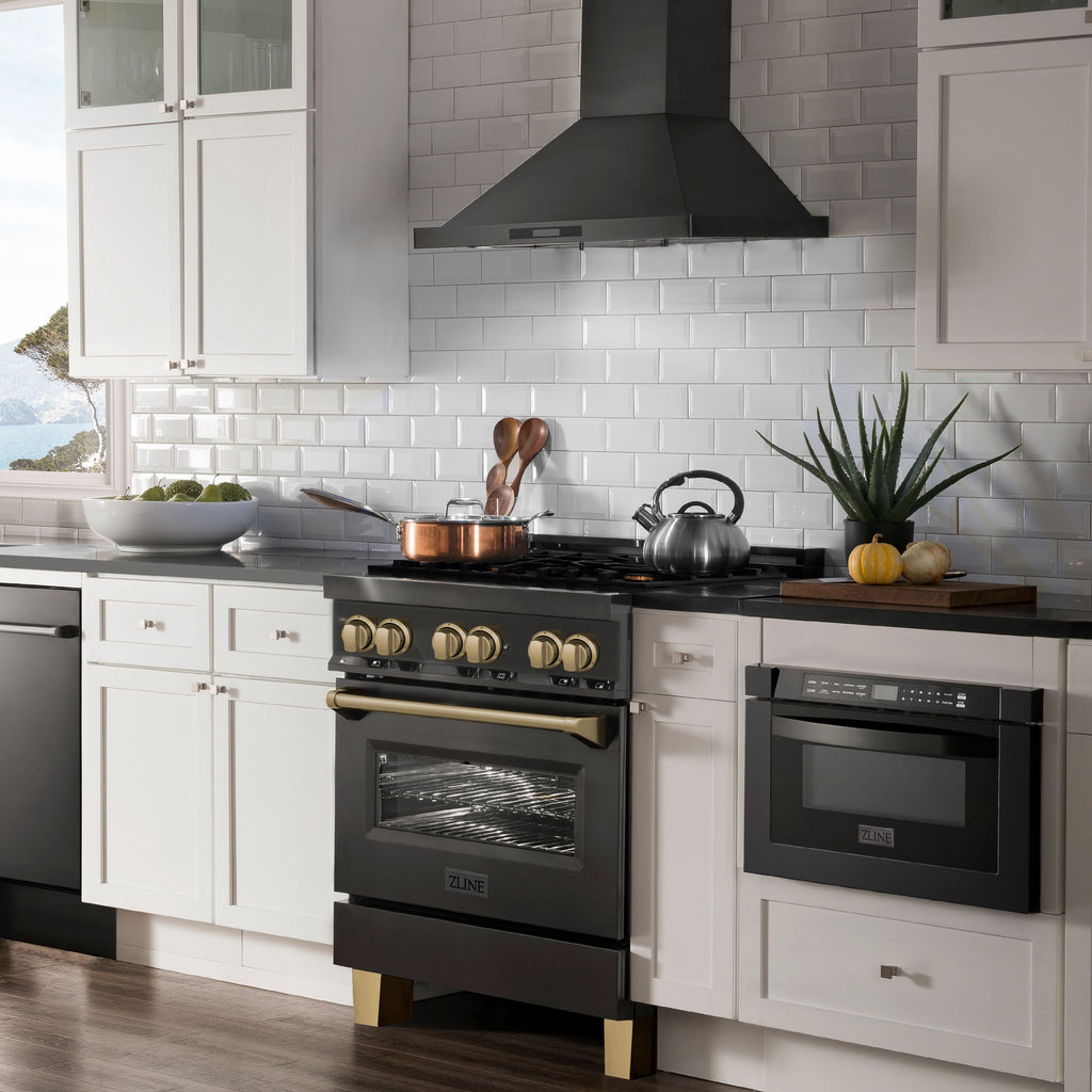 ZLINE Autograph Edition 30 in. 4.0 cu. ft. Dual Fuel Range with 4-Burner Gas Cooktop and Electric Convection Oven in Stainless Steel with Champagne Bronze Accents (RABZ-30-CB)