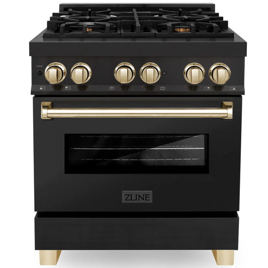 ZLINE Autograph Edition 30 in. 4.0 cu. ft. Dual Fuel Range in Black Stainless Steel with Gold Accents (RABZ-30-G)
