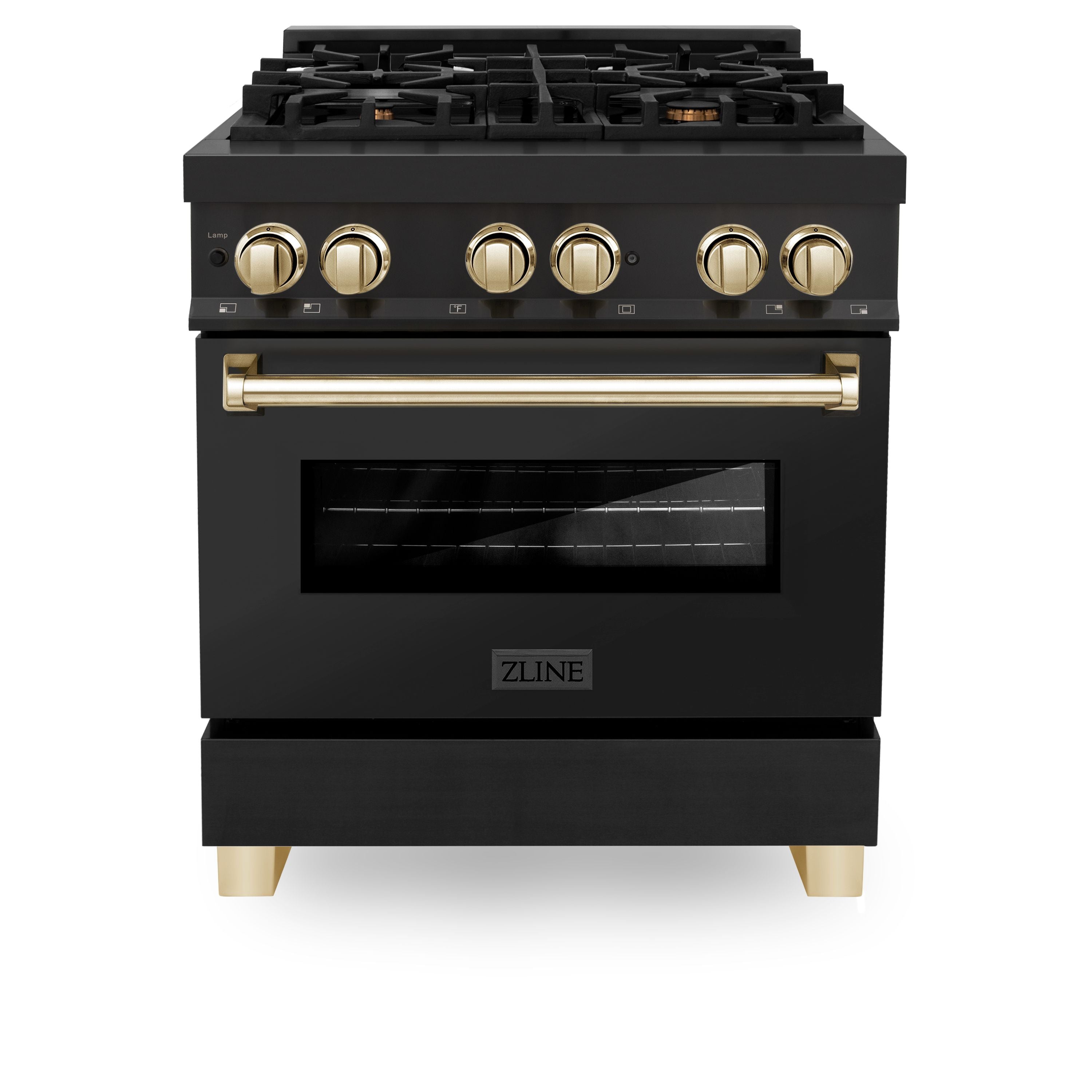 ZLINE Autograph Package - 30 In. Dual Fuel Range, Range Hood in Black Stainless Steel with Gold Accents, 2AKP-RABRH30-G
